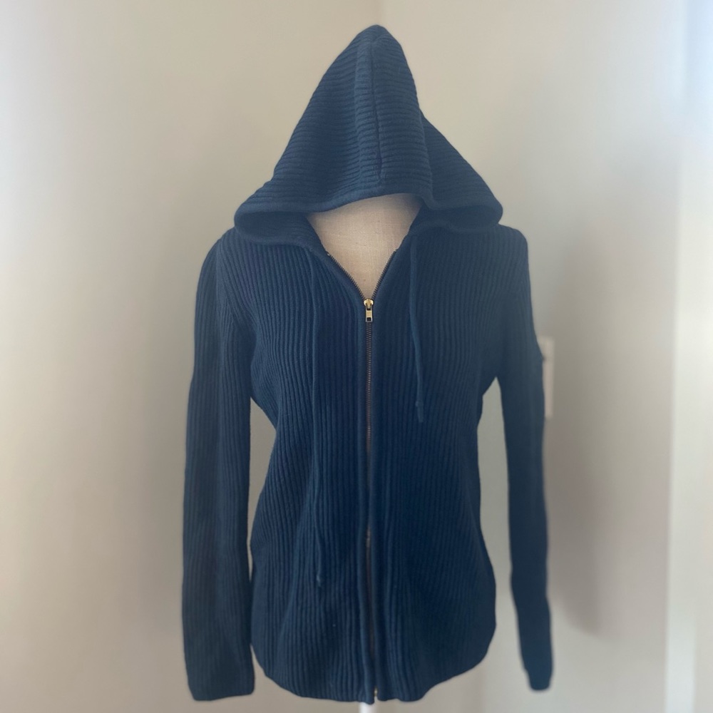 EUC Lauren Ralph Lauren Navy Cotton Ribbed Nautical Hooded Zip Front Cardigan - Picture 3 of 8